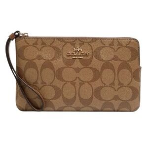 COACH Double Zip‎ Wallet Wristlet in Signature Coated Canvas in Classic Khaki